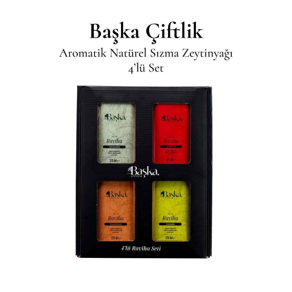 Başka Çiftlik Rayiha Aromatik  Natürel Sızma Zeytinyağı 4’lü Set – Limonlu, Acı Biberli, Mandalinalı, Sarımsaklı 175 ml x 4