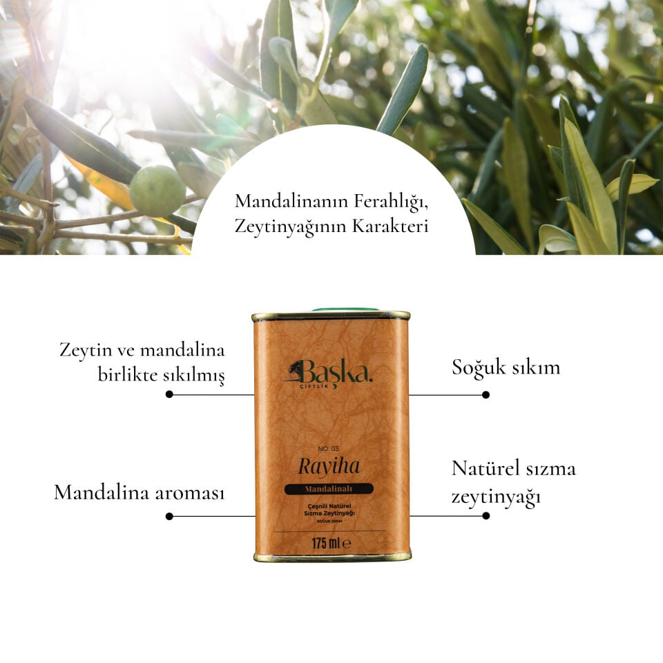 Başka Çiftlik Rayiha Aromatik  Natürel Sızma Zeytinyağı 4’lü Set – Limonlu, Acı Biberli, Mandalinalı, Sarımsaklı 175 ml x 4