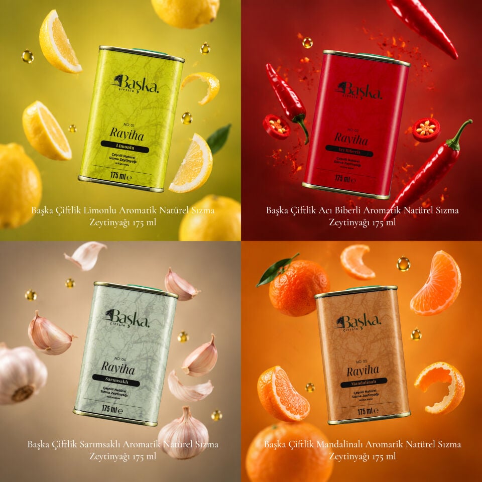 Başka Çiftlik Rayiha Aromatik  Natürel Sızma Zeytinyağı 4’lü Set – Limonlu, Acı Biberli, Mandalinalı, Sarımsaklı 175 ml x 4